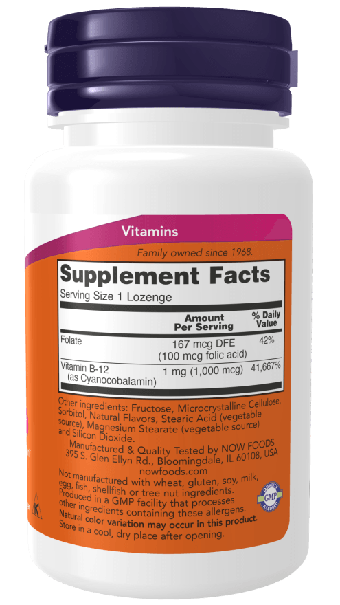 NOW Supplements, Vitamin B12 1,000 mcg with Folic Acid, Nervous System Health, 100 Chewable Lozenges