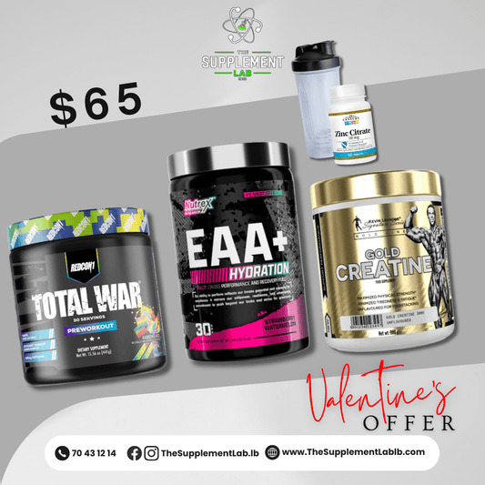 Total War Pre-Workout + Nutrex EAA + Gold Kevin Levrone Creatine + Shaker