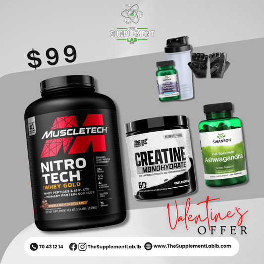 Muscletech Nitrotech Gold + Nutrex Creatine + Swanson Ashwagandha + Swanson Magnesium + Shaker + Gloves