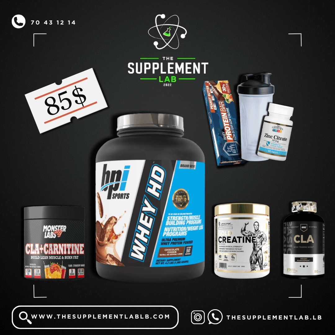Buy Whey Protein + CLA L-Carnitine + Creatine + CLA + Free Zinc, Shaker & Protein Bar in Lebanon | The Supplement Lab Buy Whey Protein + CLA L-Carnitine + Creatine + CLA + Free Zinc, Shaker & Protein Bar in Lebanon | The Supplement Lab
