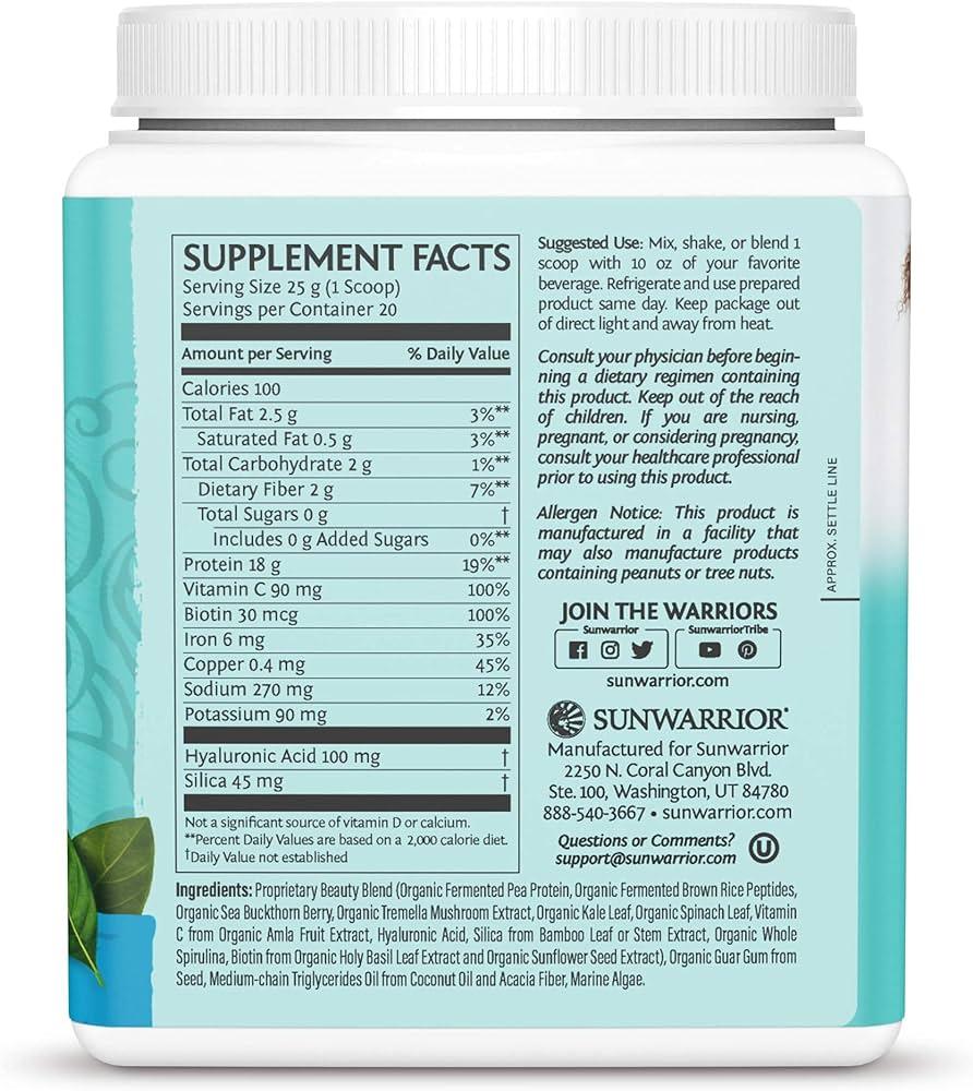 Sunwarrior Vegan Collagen Building Powder Protein Peptide with Biotin, Vitamin C, Hyaluronic Acid for Hair Skin Nail, 30 Servings