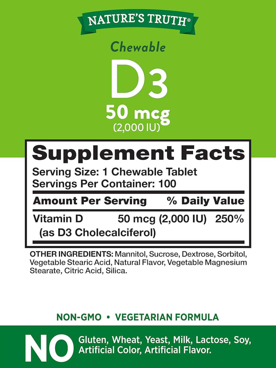 Nature's Truth Chewable Vitamin D3 2000 IU 100 Chewable Tablets