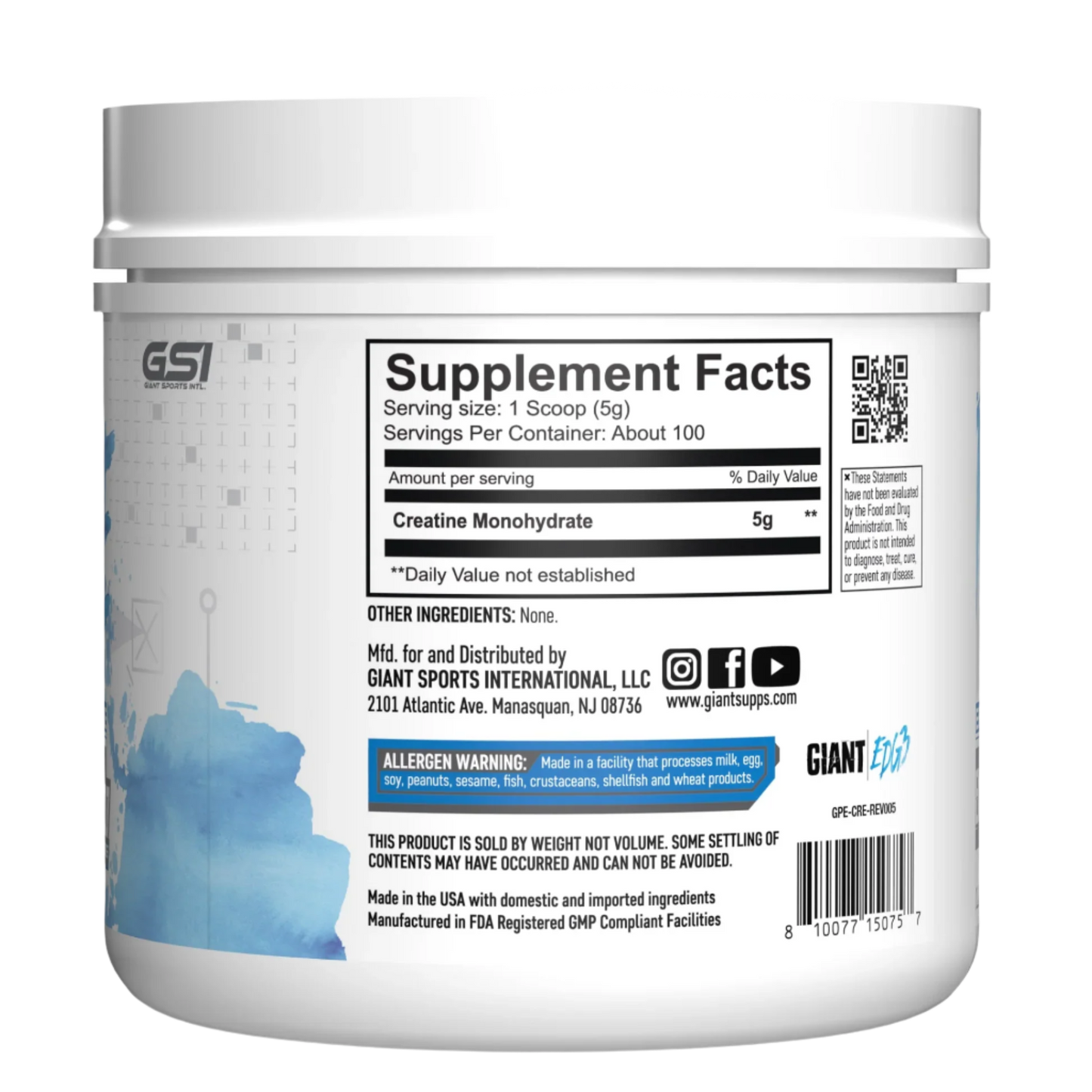 Giant Sports Edge Creatine Monohydrate – 500g | 100 Servings