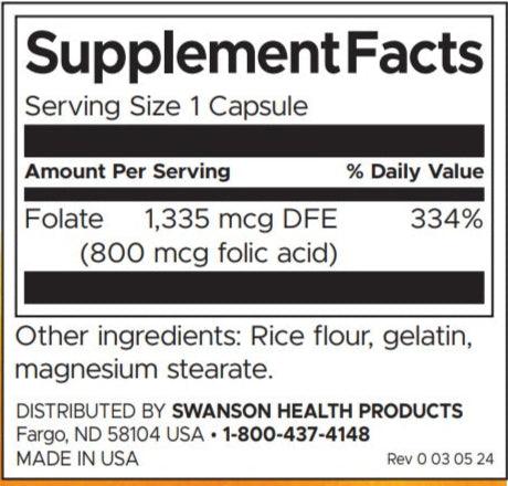 Swanson, Folic Acid, 800 mcg, 250 Capsules