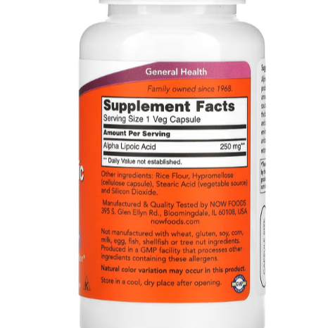 NOW Foods Alpha Lipoic Acid 250 mg – 60 Veg Capsules