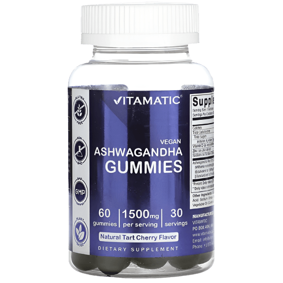 Vitamatic Vegan Ashwagandha with Tart Cherry – 1,500mg | 60 Gummies | Stress & Sleep Support