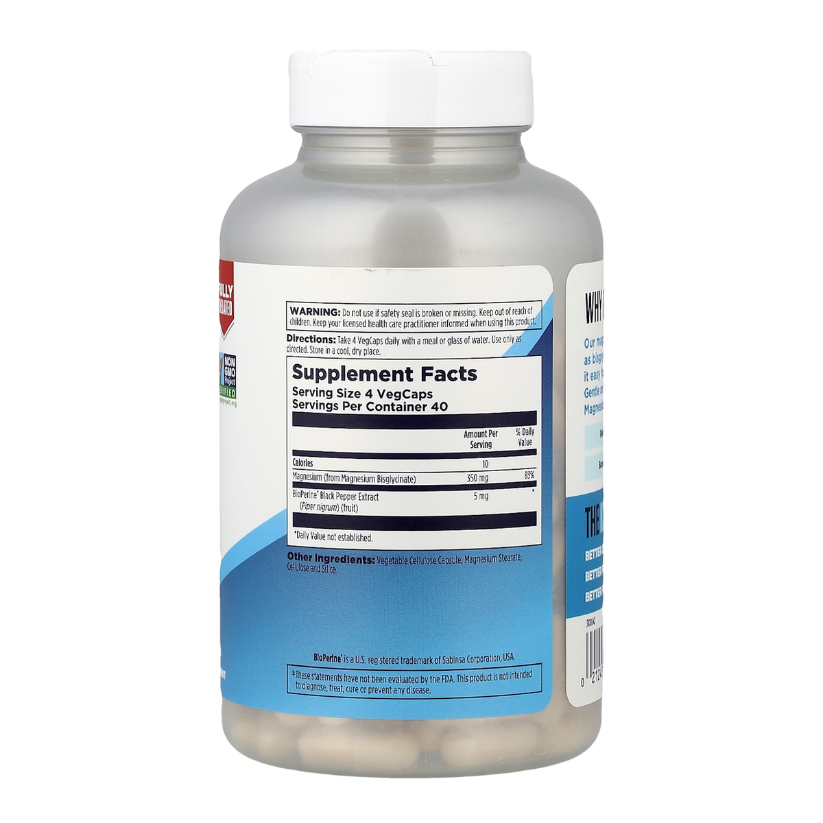 magnesium glycinate 350mg 160 kal supplement facts