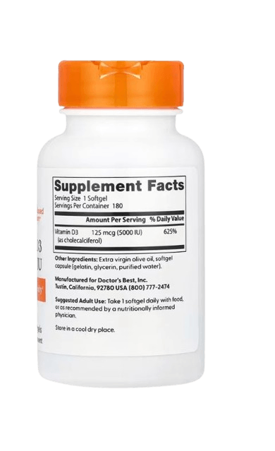 Doctor's Best, Vitamin D3, 125 mcg (5,000 IU), 180 Softgels