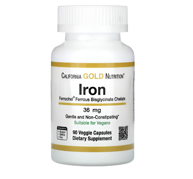 California Gold Nutrition, Ferrochel Iron (Bisglycinate), 36 mg, 90 Veggie Capsules