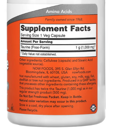 NOW Foods Taurine 1000 mg – Double Strength, 100 Veg Capsules