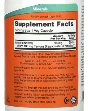 NOW Foods, Iron, Double Strength, 36 mg, 90 Veg Capsules