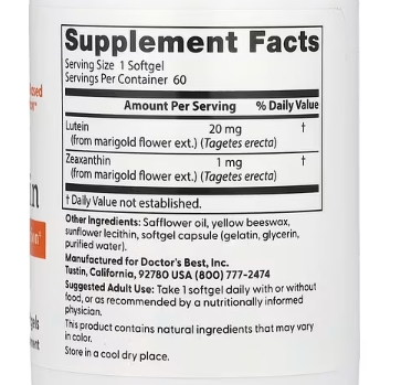 Doctor's Best, Lutein , 20 mg, 60 Softgels