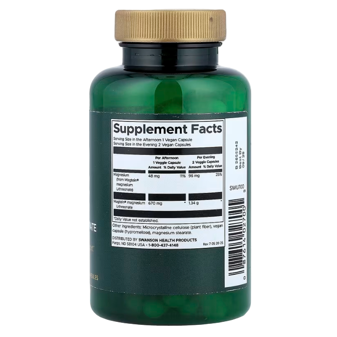 Swanson Magnesium L-Threonate – 90 Vegan Capsules | Cognitive, Memory & Relaxation Support