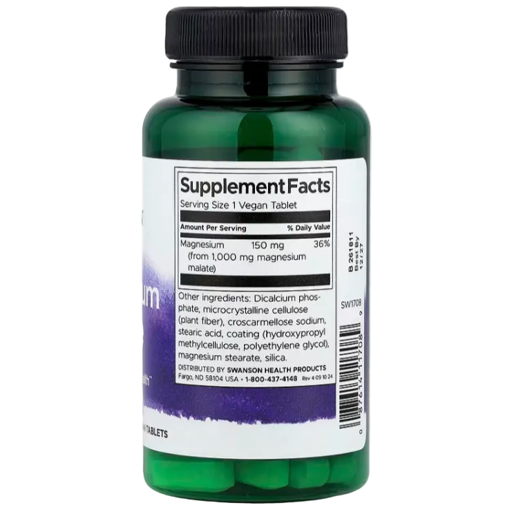 Swanson Magnesium Malate – 1,000 mg, 60 Vegan Tablets | Muscle Function, Energy & Nervous System Support