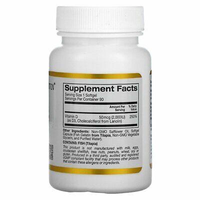California Gold Nutrition Vitamin D3 50 mcg 2000 IU 90 Fish Gelatin Softgels