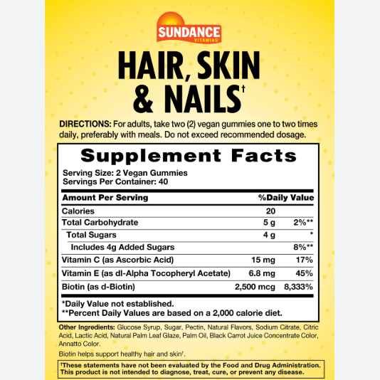 Sundance Vitamins, Hair, Skin & Nails Gummies, Natural Fruit, 80 Vegan Gummies