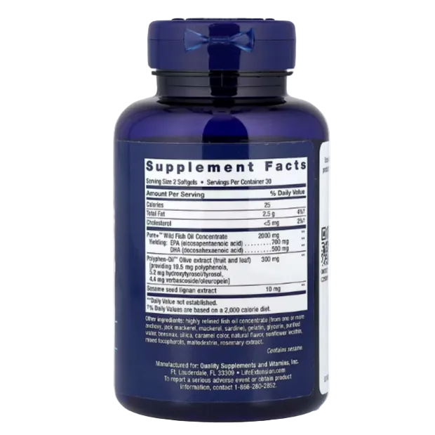 Life Extension Super Omega-3 EPA DHA Fish Oil Sesame Lignans & Olive Extract 60 Softgels