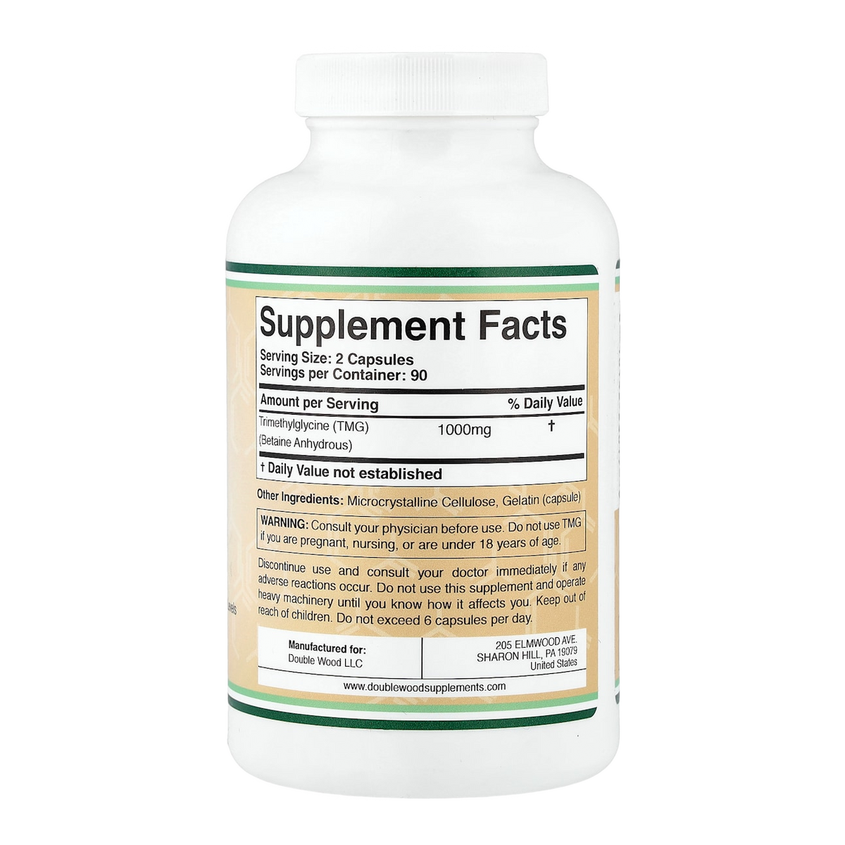 Double Wood Supplements TMG – 1000mg, 180 Capsules supplement facts