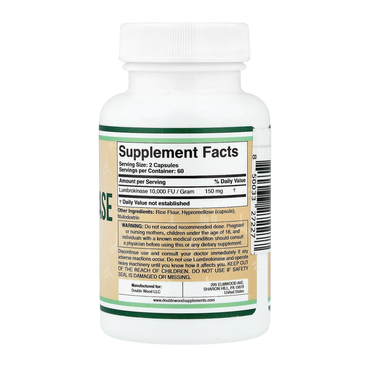 Double Wood Supplements Lumbrokinase – 150mg, 120 Capsules supplement facts
