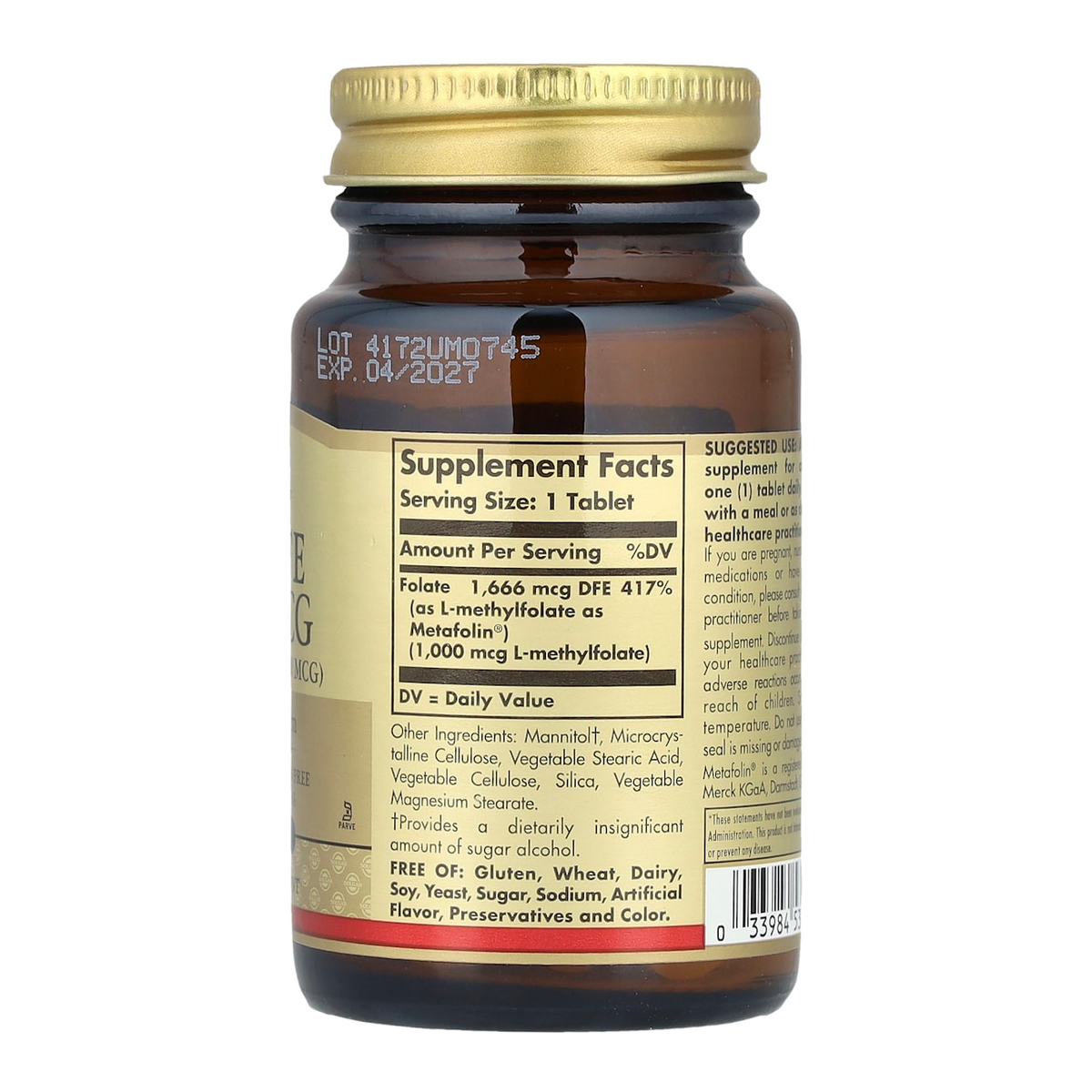 Solgar Methyl Folate – 1000mcg, 60 Capsules supplement facts