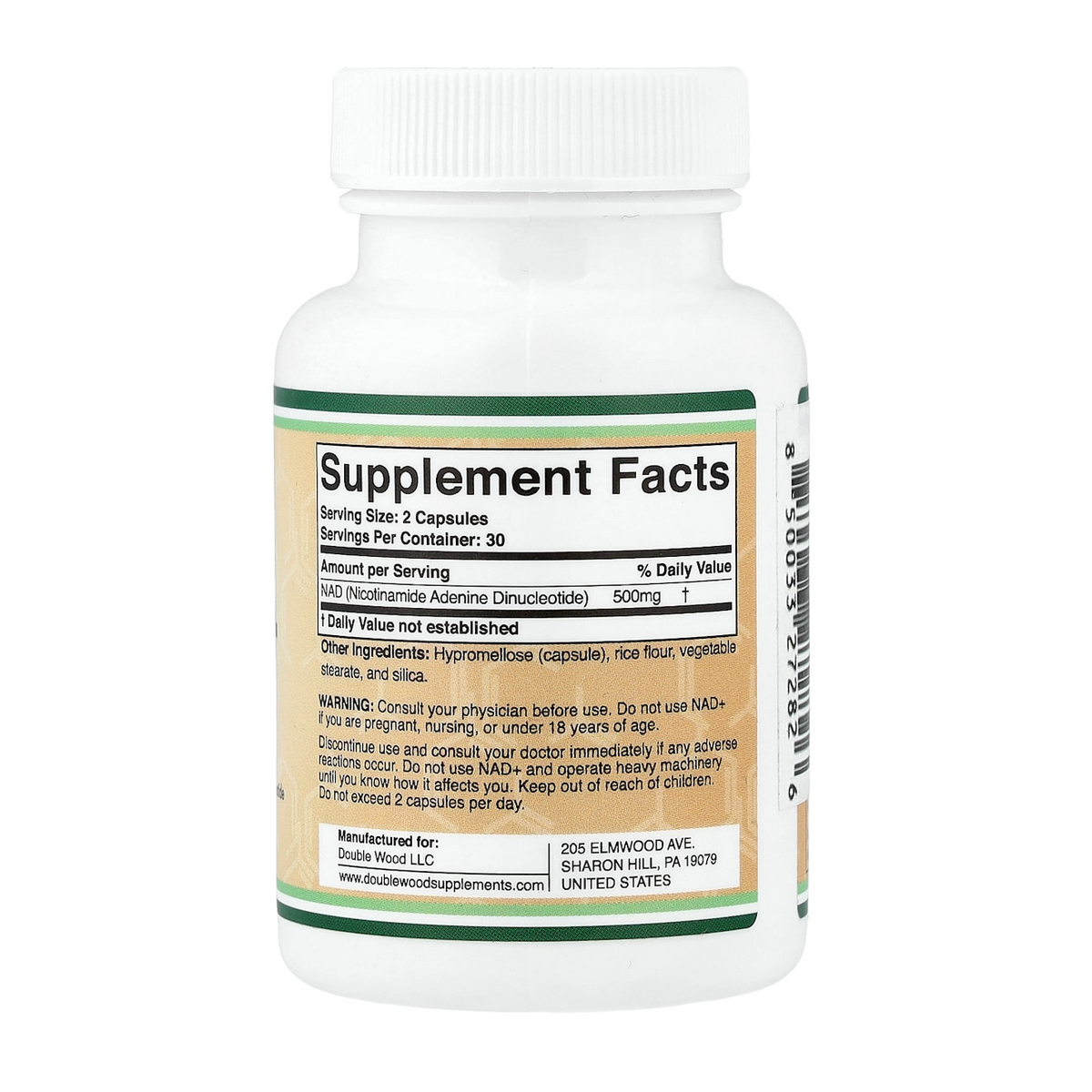 Double Wood Supplements NAD+ – 500mg, 60 Capsules supplement facts
