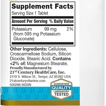 21st Century Potassium Gluconate – 595 mg, 110 Tablets