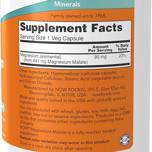 NOW Foods Magnesium Malate Caps – 95 mg, 180 Veg Capsules | Energy Production, Muscle Function & Nervous System Support