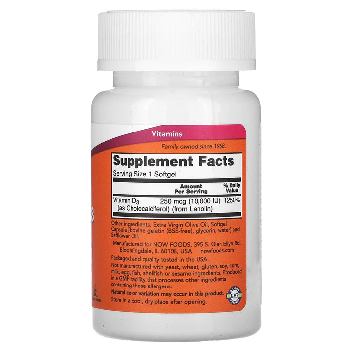 NOW Foods, Vitamin D-3, Max Potency, 10,000 IU, 30 Softgels