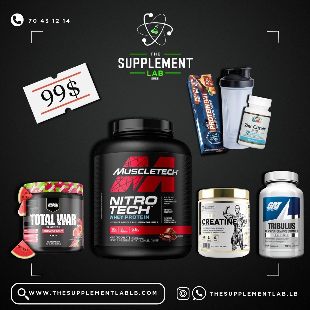 Nitrotech Whey + Total Wars + Creatine + Tibullus + Free Zinc, Shaker & Protein Bar