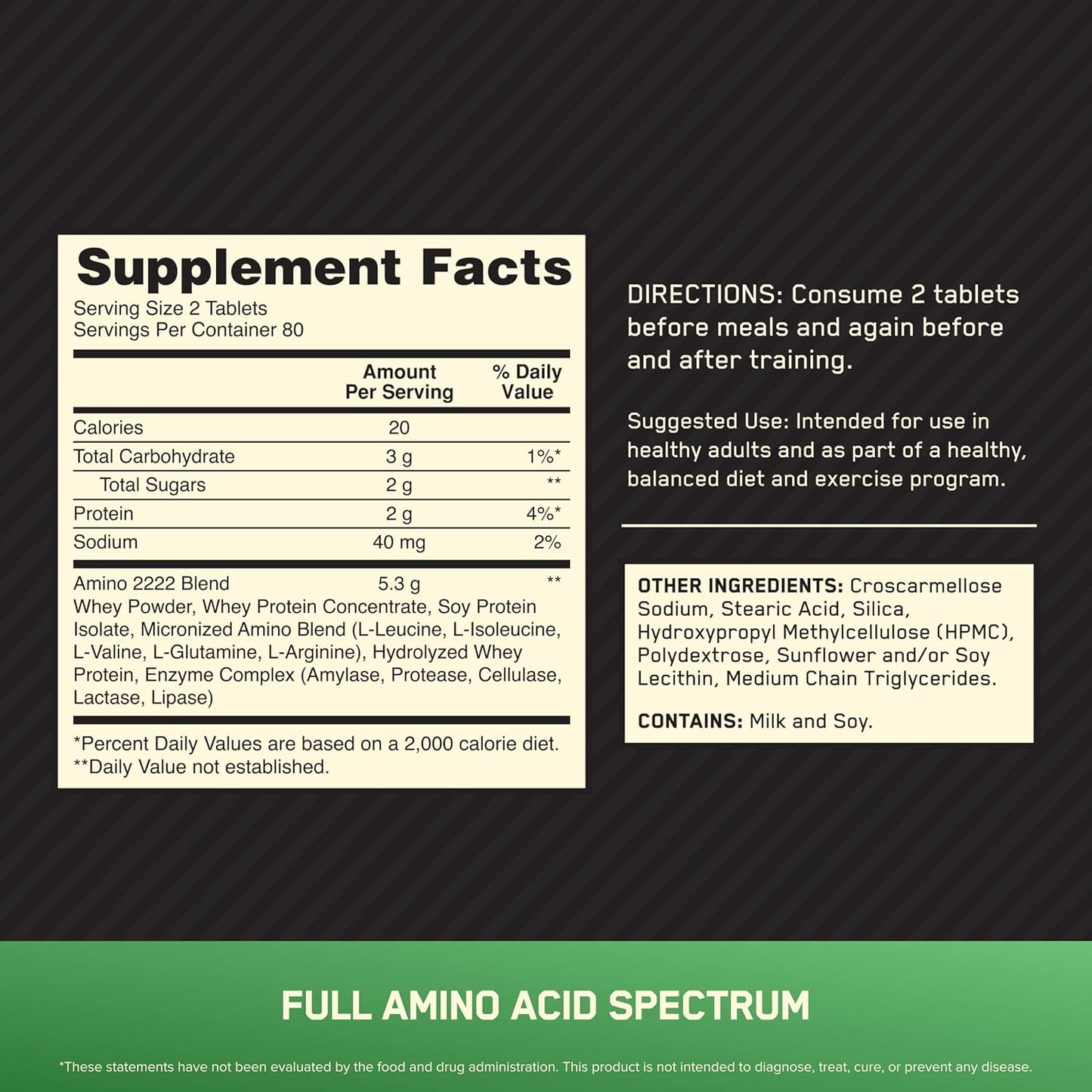 Optimum Nutrition Superior Amino 2222 Tabs – 160 Tablets | Full-Spectrum Amino Acids for Muscle Support & Recovery