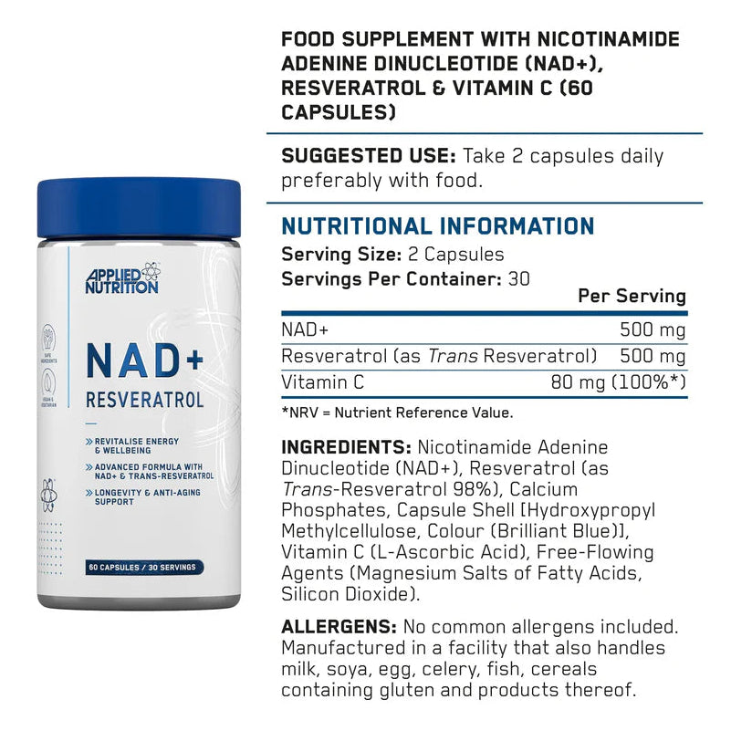 Applied Nutrition NAD+ Resveratrol 60 Capsules (30 Servings)