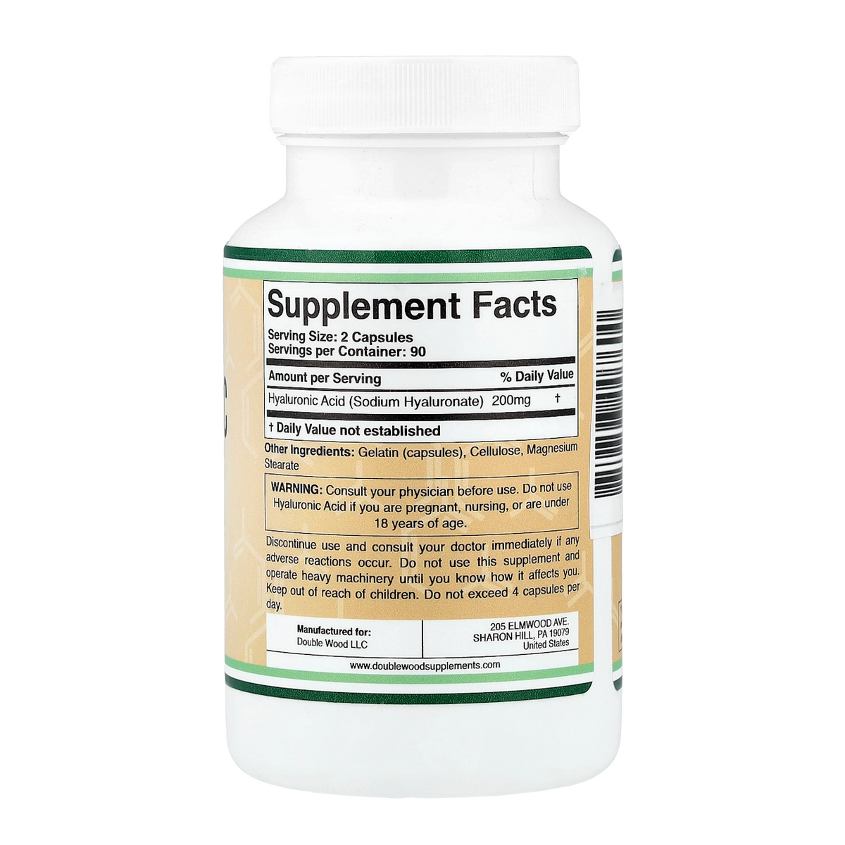 hyaluronic acid 200mg 180 double wood 200mg per 2 capsules supplement facts