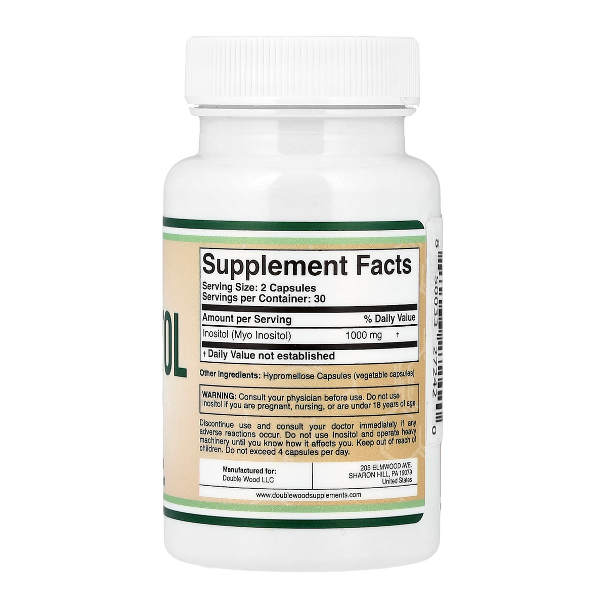inositol 1000mg 60 double wood 1000mg per 2 capsules supplement facts