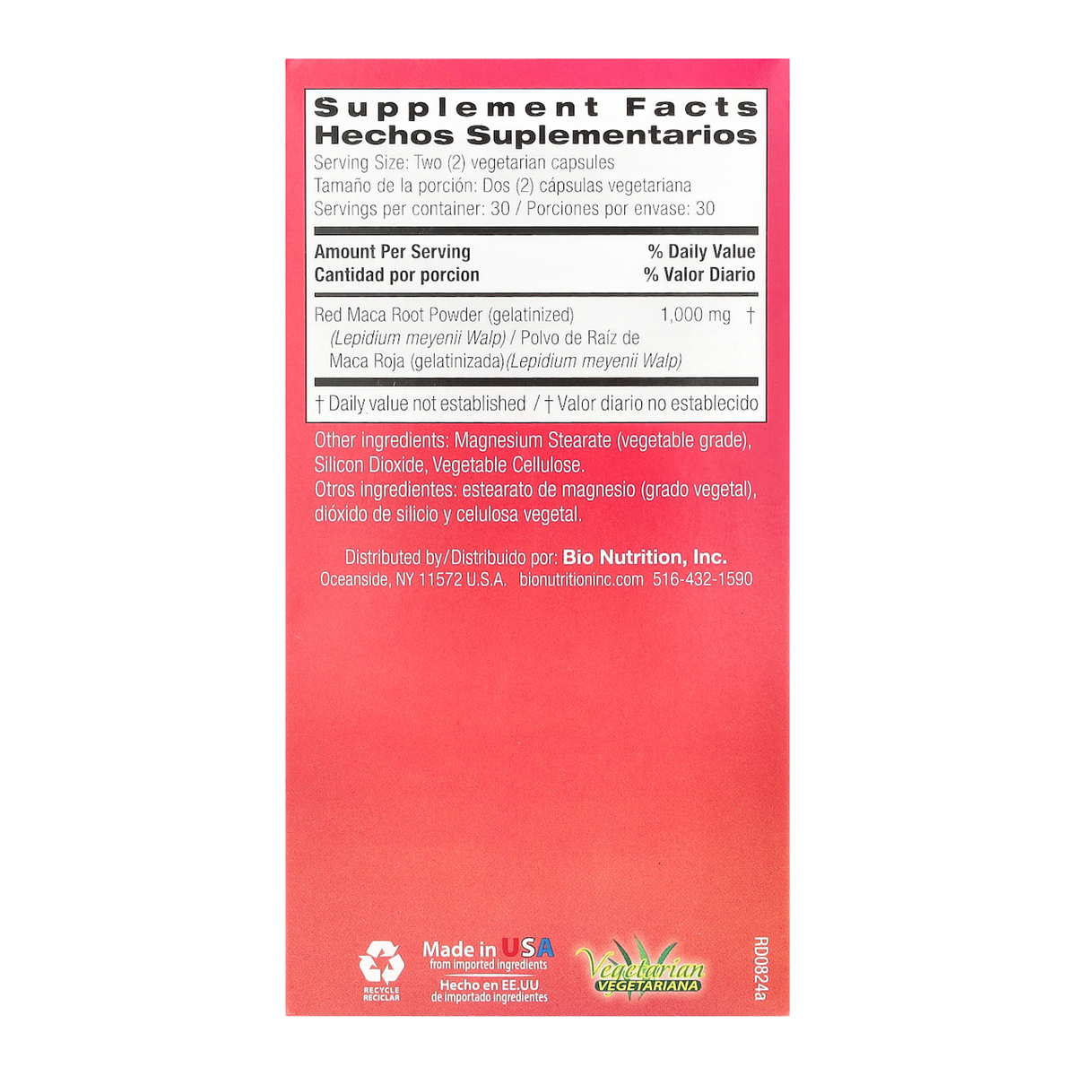 red maca 60 bio nutrition 1000mg per 2 capsules supplement facts