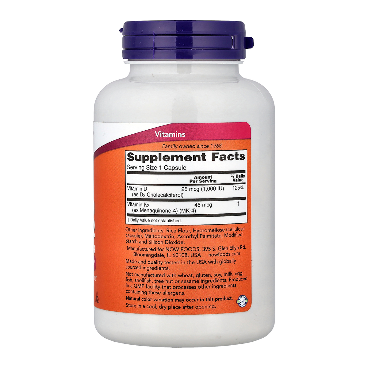 vitamin d3 k2 240 now supplement facts
