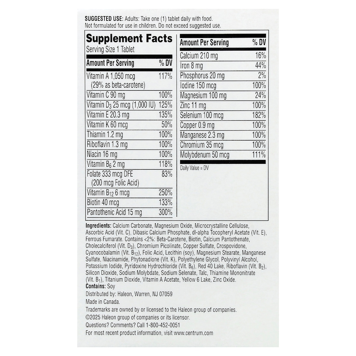 Supplement facts panel