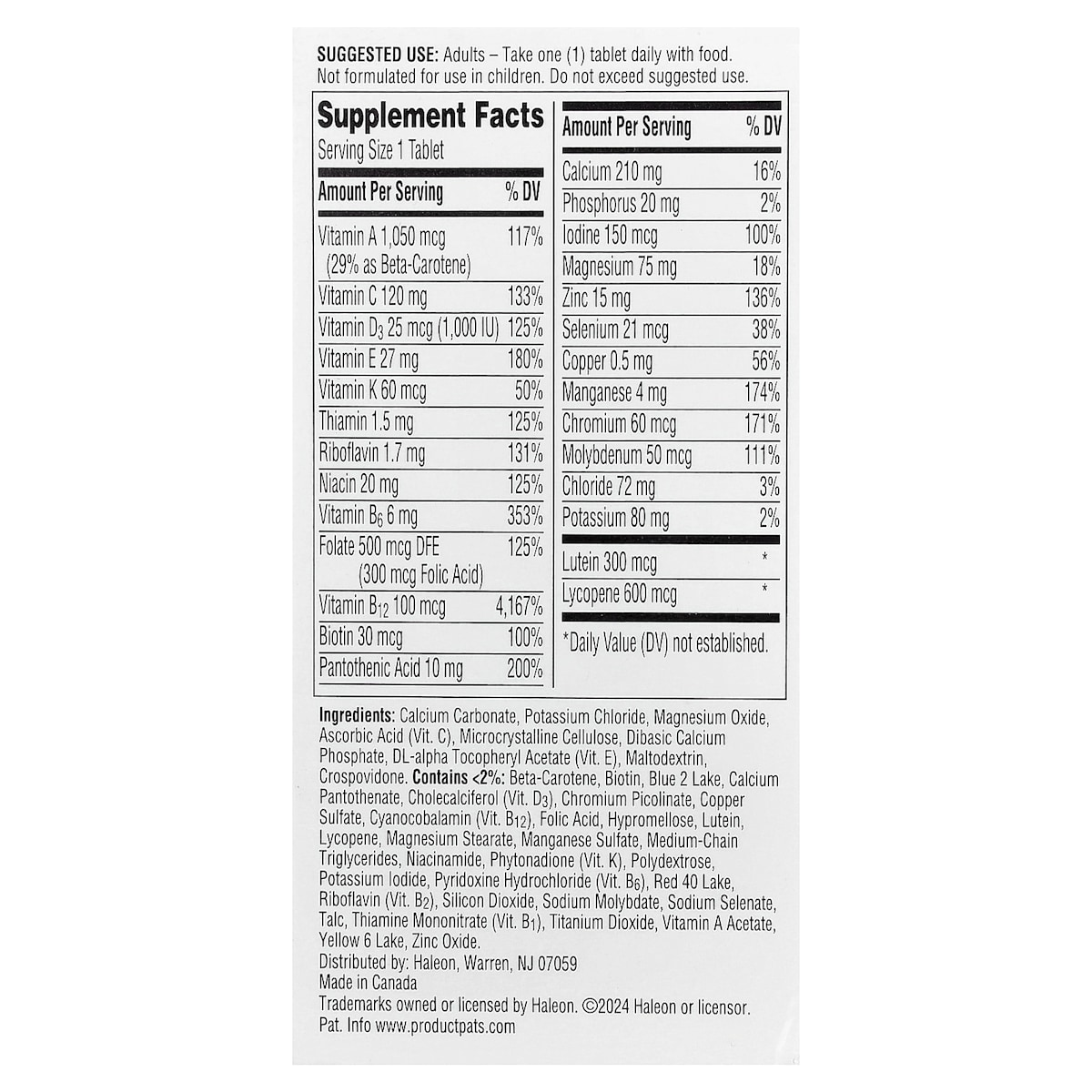 Supplement facts panel