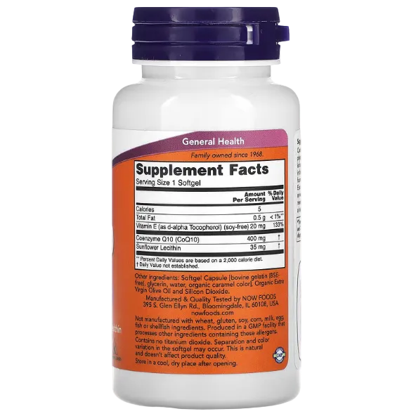 NOW Foods CoQ10 with Vitamin E & Sunflower Lecithin 30 Softgels