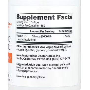 Doctor's Best, Vitamin D3, 50 mcg (2,000 IU), 180 Softgels