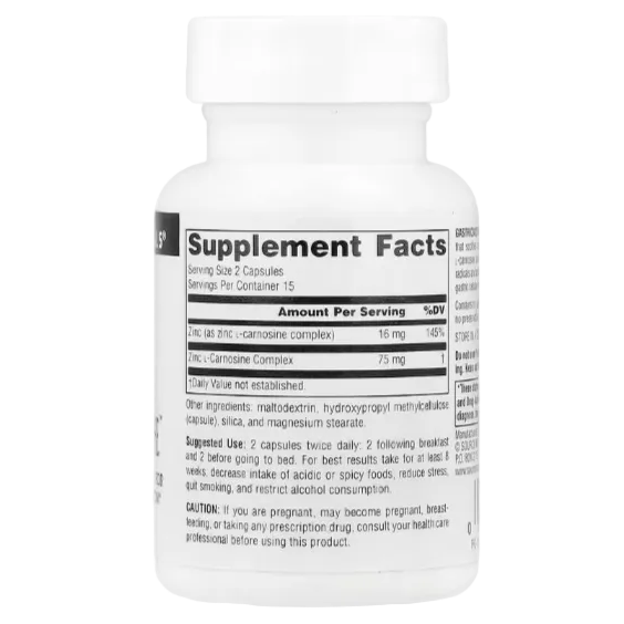 Source Naturals GastricSoothe™ Zinc Carnosine – 30 Capsules | Stomach Lining Support, Digestive Comfort & Gut Health