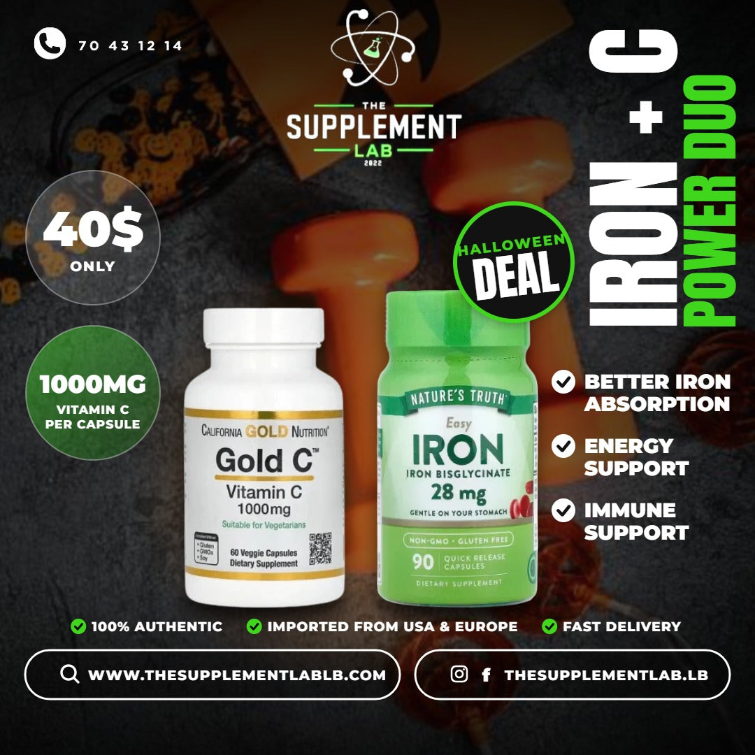 Halloween Deal: Gold C 1000 mg + Easy Iron 28 mg Power Duo $40 | The Supplement Lab Lebanon