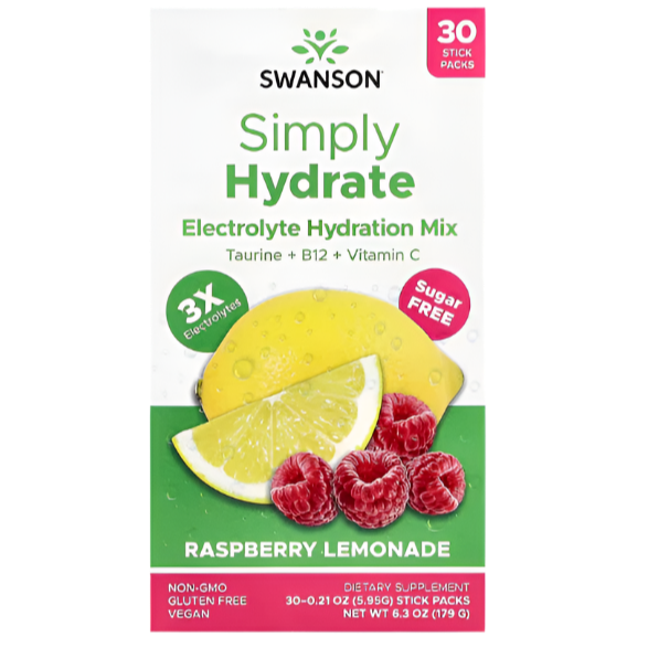 Swanson Simply Hydrate Electrolyte Mix – Raspberry Lemonade | 30 Stick Packs