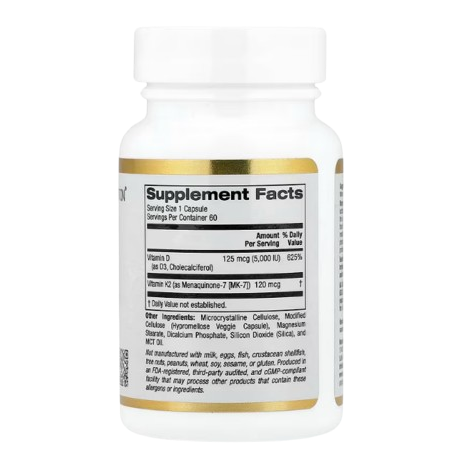 California Gold Nutrition Vitamin D3 + K2 (MK-7) – 60 Veggie Capsules | Bone, Heart & Immune Support