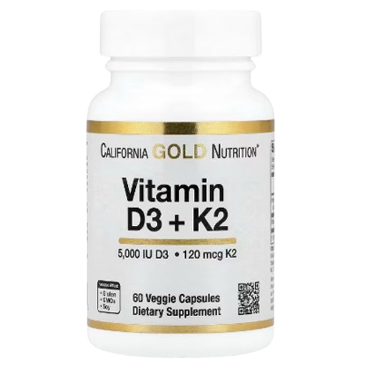 California Gold Nutrition Vitamin D3 + K2 (MK-7) – 60 Veggie Capsules | Bone, Heart & Immune Support