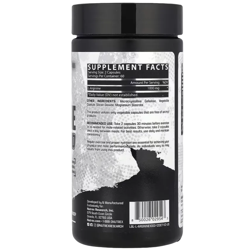 Nutrex Research L-Arginine 1000 – 120 Capsules | Nitric Oxide, Pumps & Blood Flow Support