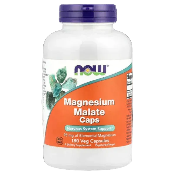 NOW Foods Magnesium Malate Caps – 95 mg, 180 Veg Capsules | Energy Production, Muscle Function & Nervous System Support