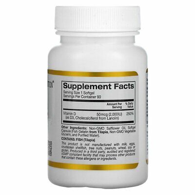 California Gold Nutrition Vitamin D3 50 mcg 2000 IU 90 Fish Gelatin Softgels