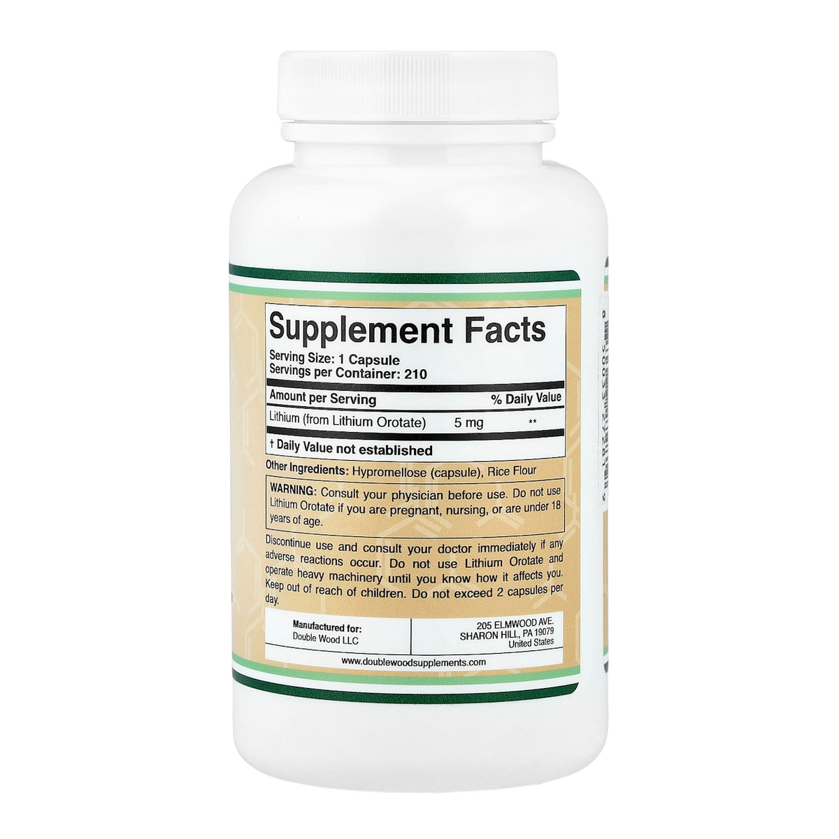 Double Wood Supplements Lithium Orotate – 5mg, 210 Capsules supplement facts