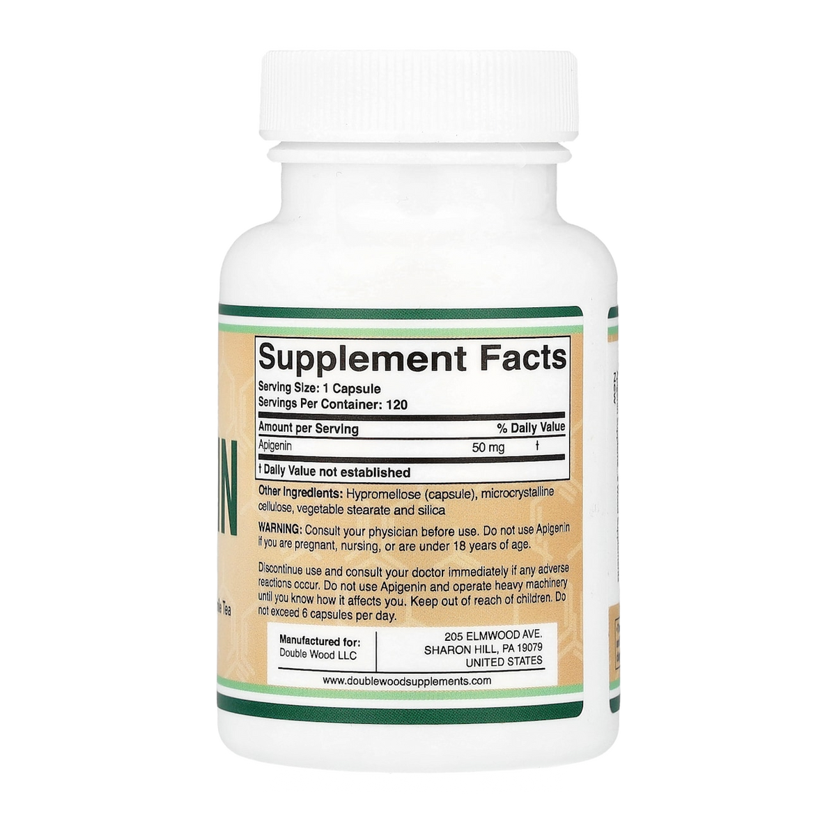 Double Wood Supplements Apigenin – 50mg, 120 Capsules supplement facts