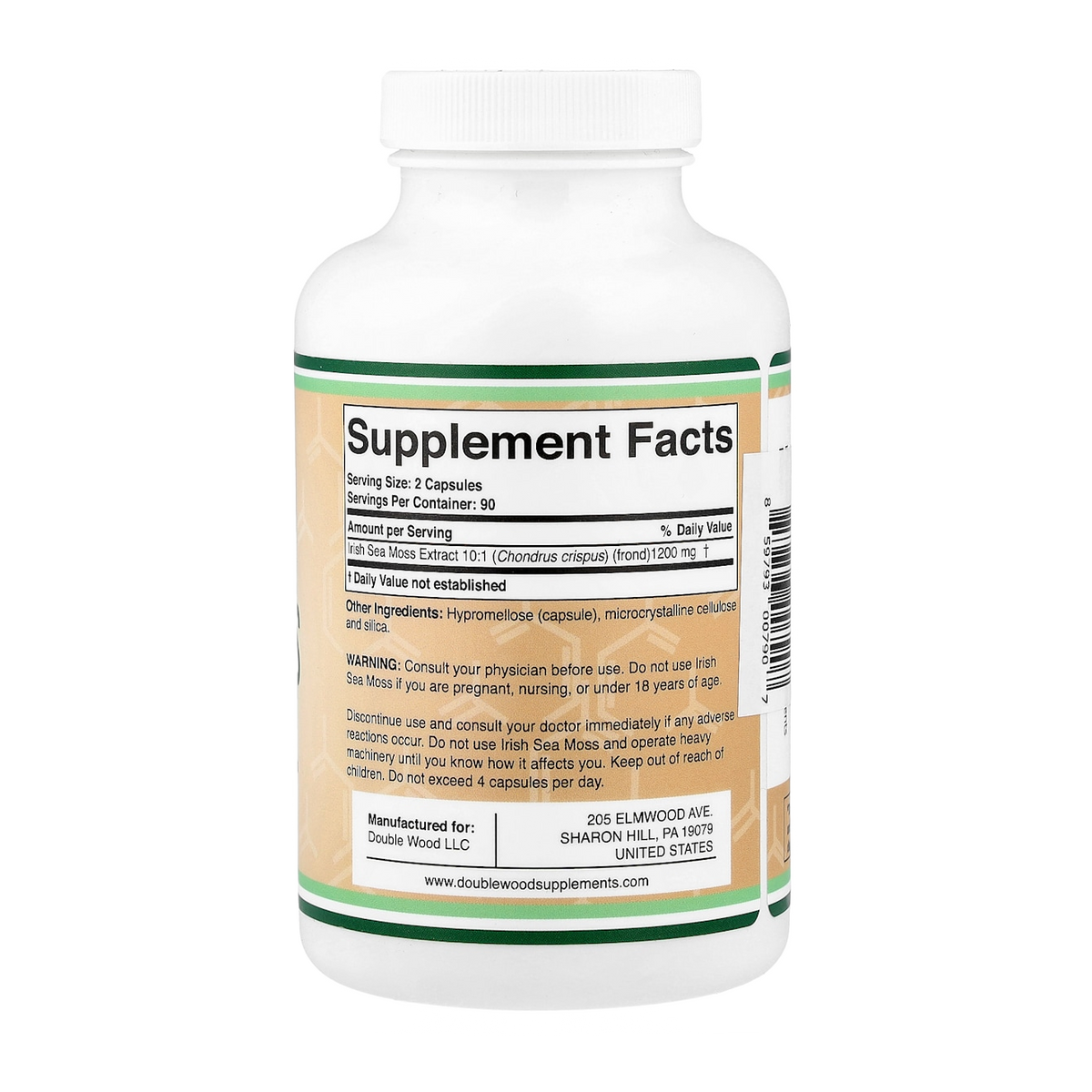 Double Wood Supplements Irish Sea Moss – 1200mg, 180 Capsules supplement facts